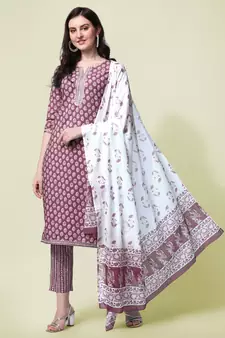 Dusty Rose Pink Jaipuri Printed Gotta Patti Kurta With Pant and Dupatta Set 
