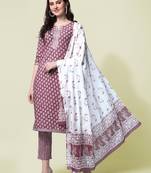 Dusty Rose Pink Jaipuri Printed Gotta Patti Kurta With Pant and Dupatta Set 