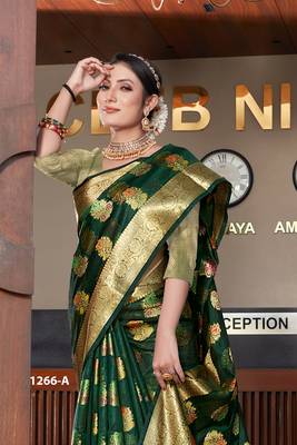 Dark Green Woven Organza Saree With Blouse 1