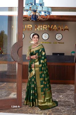 Dark Green Woven Organza Saree With Blouse 2