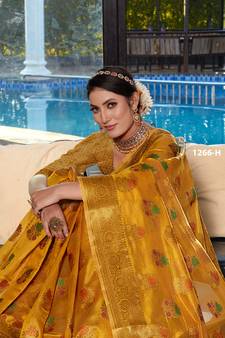 Mustard Woven Organza Saree With Blouse