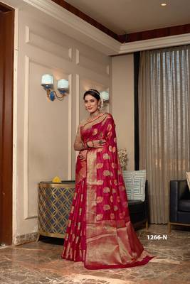 Rani Pink Woven Organza Saree With Blouse 1
