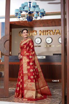 Red Woven Organza Saree With Blouse 2
