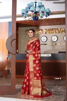 Red Woven Organza Saree With Blouse
