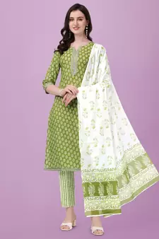 Light Green White Jaipuri Printed Gotta Patti Kurta With Pant and Dupatta Set 
