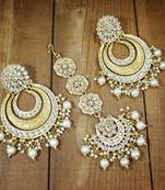 with Stunning Matte Finish Big Kundan & Faux Pearl Bridal Chandbali Earrings with Maang Tikka Set for Women