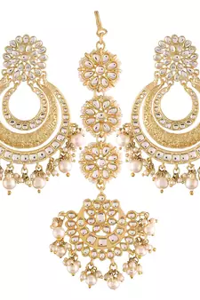 with Stunning Matte Finish Big Kundan & Faux Pearl Bridal Chandbali Earrings with Maang Tikka Set for Women