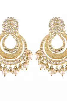 with Stunning Matte Finish Big Kundan & Faux Pearl Bridal Chandbali Earrings with Maang Tikka Set for Women