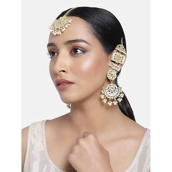 with Stunning Matte Finish Long Traditional Kundan & Faux Pearl Chandbali Earrings with Maang Tikka Set 1