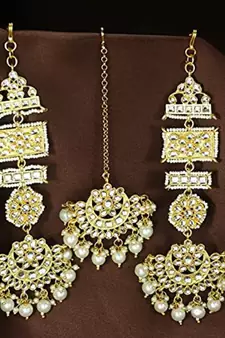 with Stunning Matte Finish Long Traditional Kundan & Faux Pearl Chandbali Earrings with Maang Tikka Set