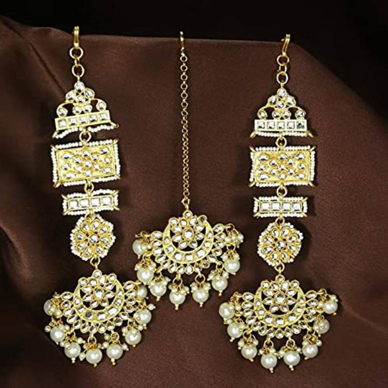 with Stunning Matte Finish Long Traditional Kundan & Faux Pearl Chandbali Earrings with Maang Tikka Set