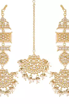 with Stunning Matte Finish Long Traditional Kundan & Faux Pearl Chandbali Earrings with Maang Tikka Set