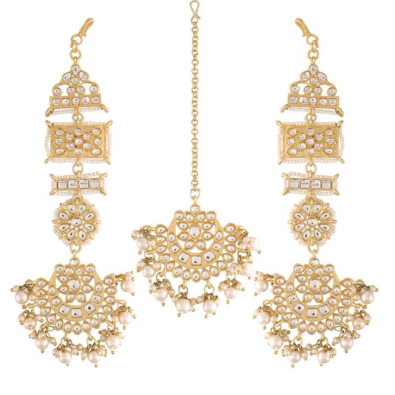 with Stunning Matte Finish Long Traditional Kundan & Faux Pearl Chandbali Earrings with Maang Tikka Set