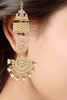 with Stunning Matte Finish Long Traditional Kundan & Faux Pearl Chandbali Earrings with Maang Tikka Set