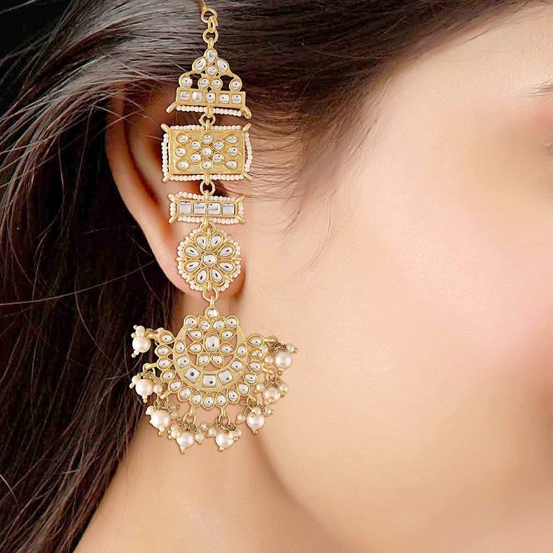 with Stunning Matte Finish Long Traditional Kundan & Faux Pearl Chandbali Earrings with Maang Tikka Set
