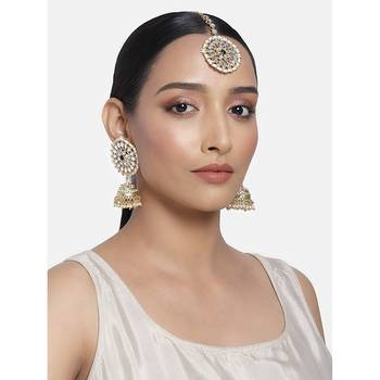 Traditional Gold Plated With Stunning Antique Finish Kundan & Pearl Jhumka Earrings With Maang Tikka for Women 1