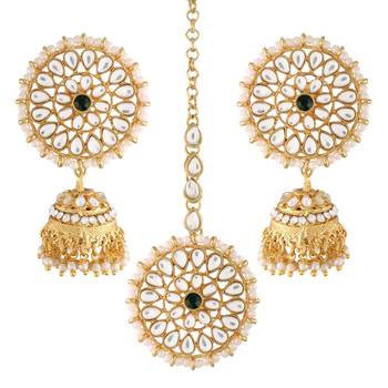 Traditional Gold Plated With Stunning Antique Finish Kundan & Pearl Jhumka Earrings With Maang Tikka for Women 2