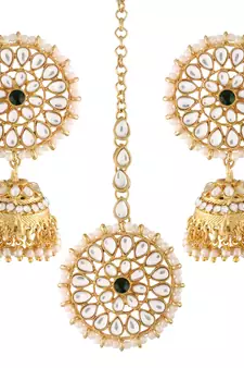Traditional Gold Plated With Stunning Antique Finish Kundan & Pearl Jhumka Earrings With Maang Tikka for Women