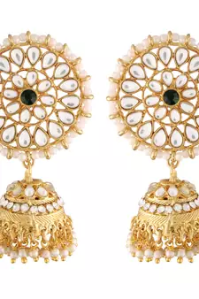 Traditional Gold Plated With Stunning Antique Finish Kundan & Pearl Jhumka Earrings With Maang Tikka for Women