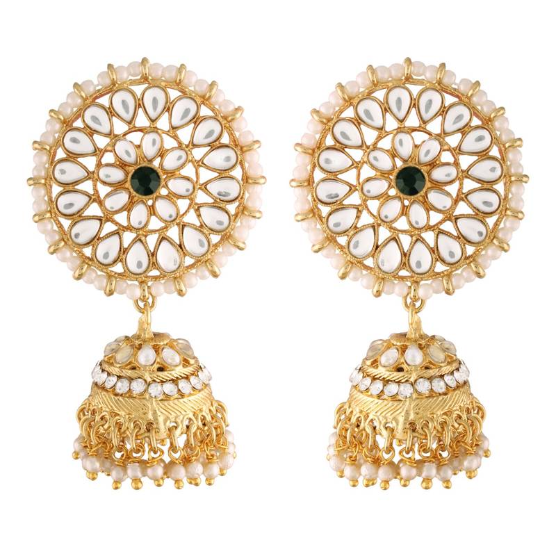Traditional Gold Plated With Stunning Antique Finish Kundan & Pearl Jhumka Earrings With Maang Tikka for Women
