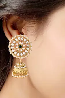 Traditional Gold Plated With Stunning Antique Finish Kundan & Pearl Jhumka Earrings With Maang Tikka for Women