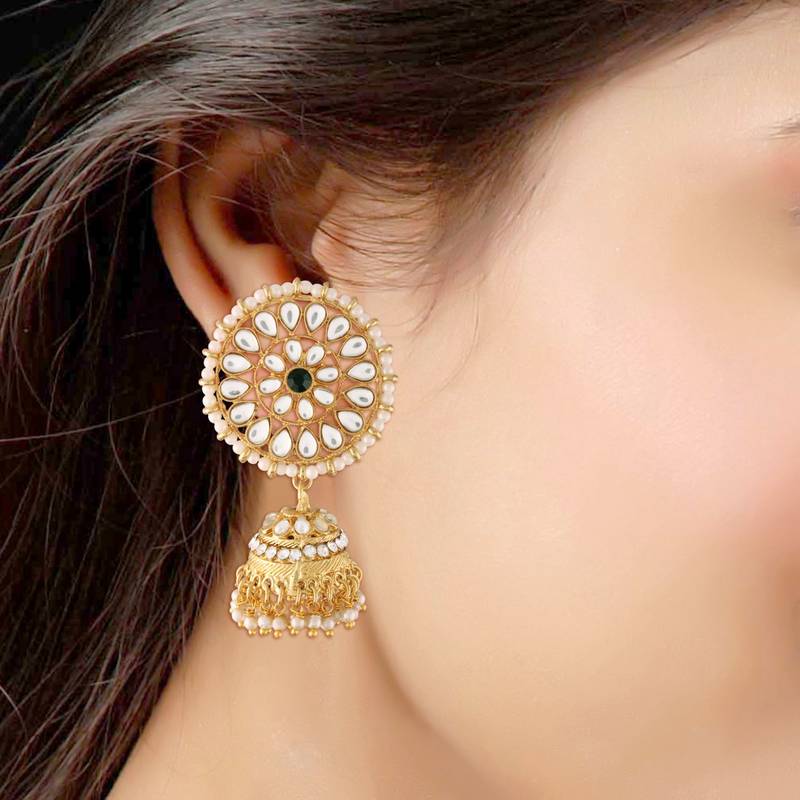 Traditional Gold Plated With Stunning Antique Finish Kundan & Pearl Jhumka Earrings With Maang Tikka for Women