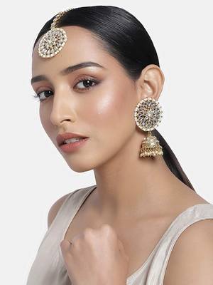 Traditional Gold Plated With Stunning Antique Finish Kundan & Pearl Jhumka Earrings With Maang Tikka for Women 1