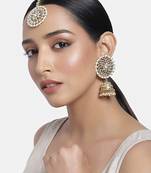 Traditional Gold Plated With Stunning Antique Finish Kundan & Pearl Jhumka Earrings With Maang Tikka for Women