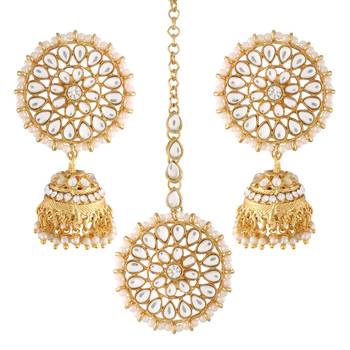 Traditional Gold Plated With Stunning Antique Finish Kundan & Pearl Jhumka Earrings With Maang Tikka for Women 2