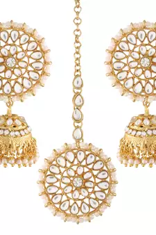 Traditional Gold Plated With Stunning Antique Finish Kundan & Pearl Jhumka Earrings With Maang Tikka for Women