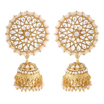 Traditional Gold Plated With Stunning Antique Finish Kundan & Pearl Jhumka Earrings With Maang Tikka for Women 3