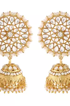 Traditional Gold Plated With Stunning Antique Finish Kundan & Pearl Jhumka Earrings With Maang Tikka for Women