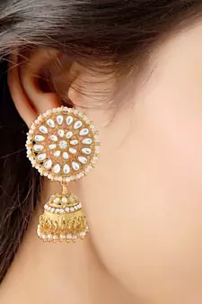 Traditional Gold Plated With Stunning Antique Finish Kundan & Pearl Jhumka Earrings With Maang Tikka for Women
