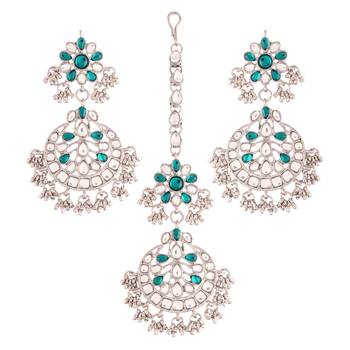 Rhodium Plated Traditional Handcrafted Earrings With Maang Tikka Encased with Faux Kundan & Pearl for Women 1