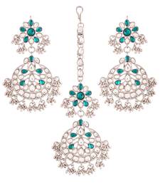 Rhodium Plated Traditional Handcrafted Earrings With Maang Tikka Encased with Faux Kundan & Pearl for Women