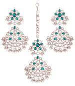 Rhodium Plated Traditional Handcrafted Earrings With Maang Tikka Encased with Faux Kundan & Pearl for Women