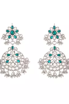 Rhodium Plated Traditional Handcrafted Earrings With Maang Tikka Encased with Faux Kundan & Pearl for Women