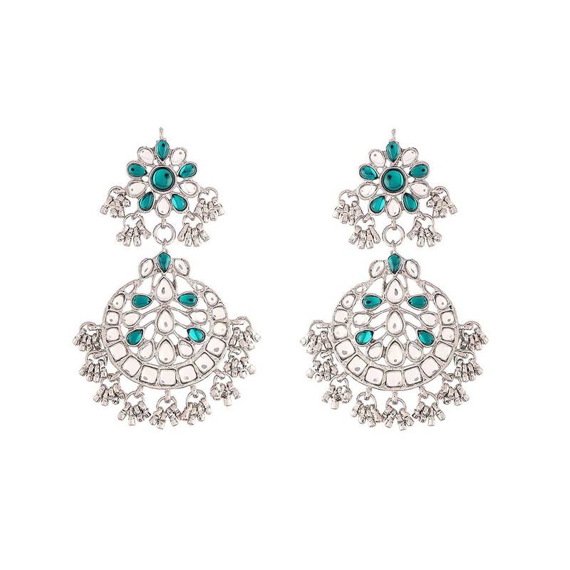Rhodium Plated Traditional Handcrafted Earrings With Maang Tikka Encased with Faux Kundan & Pearl for Women