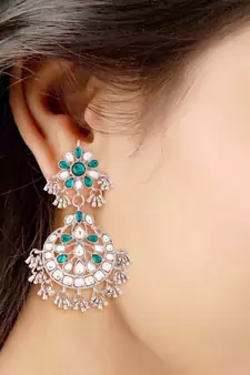 Rhodium Plated Traditional Handcrafted Earrings With Maang Tikka Encased with Faux Kundan & Pearl for Women