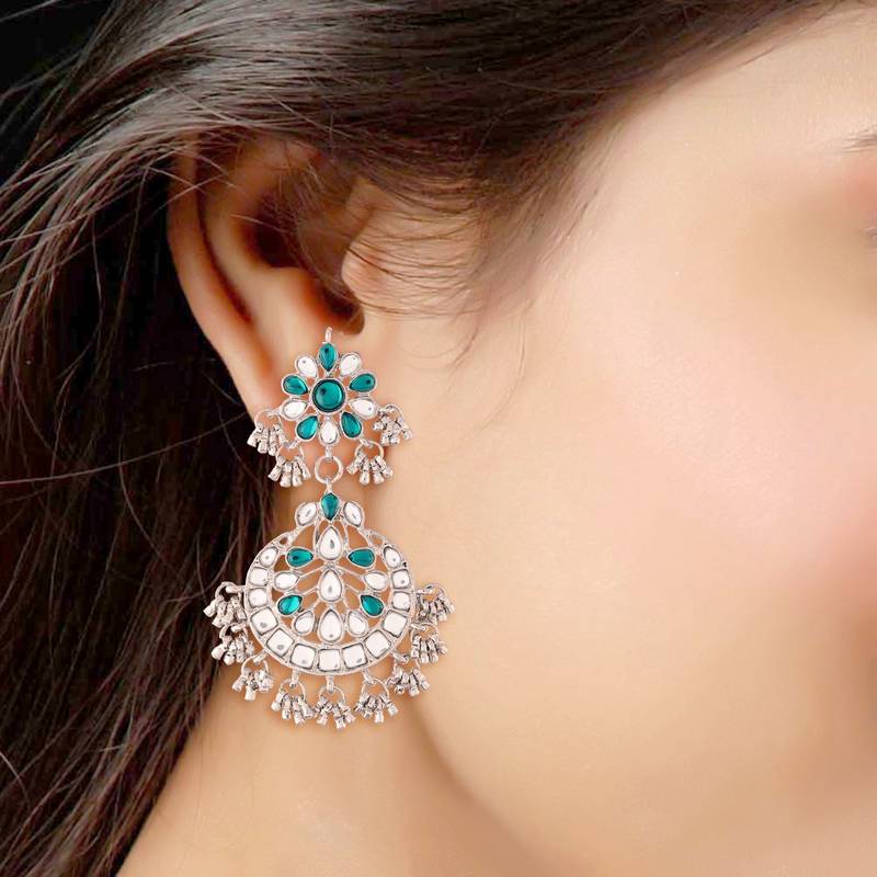 Rhodium Plated Traditional Handcrafted Earrings With Maang Tikka Encased with Faux Kundan & Pearl for Women