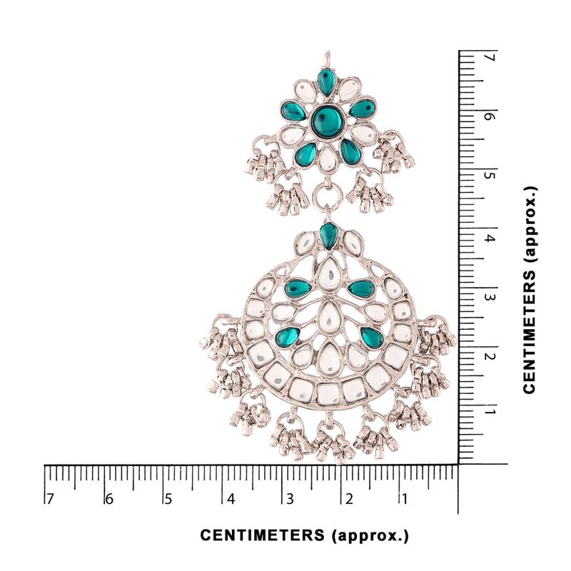 Rhodium Plated Traditional Handcrafted Earrings With Maang Tikka Encased with Faux Kundan & Pearl for Women