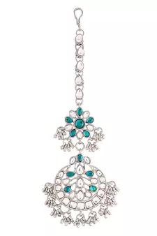 Rhodium Plated Traditional Handcrafted Earrings With Maang Tikka Encased with Faux Kundan & Pearl for Women