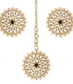 Gold Plated Traditional Kundan Pearl Royal Round Earring Maang Tikka Set Indian Traditional Jewellery for Women