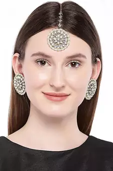 Traditional Kundan Pearl Royal Round Earring Maang Tikka Set Indian Traditional Jewellery for Women 