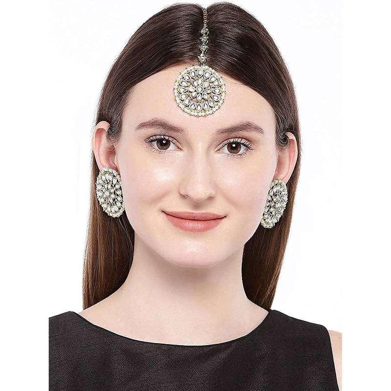 Traditional Kundan Pearl Royal Round Earring Maang Tikka Set Indian Traditional Jewellery for Women 