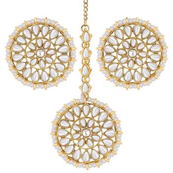 Traditional Kundan Pearl Royal Round Earring Maang Tikka Set Indian Traditional Jewellery for Women  3
