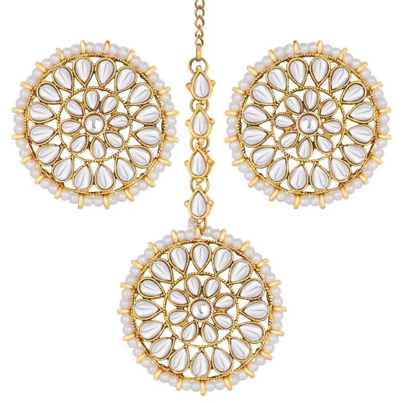 Traditional Kundan Pearl Royal Round Earring Maang Tikka Set Indian Traditional Jewellery for Women 