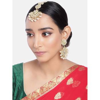 with Stunning Matte Finish Traditional Kundan & Faux Pearl Chandbali Earrings with Maang Tikka Set  1