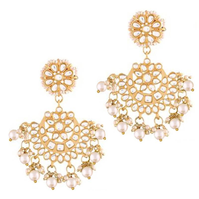 with Stunning Matte Finish Traditional Kundan & Faux Pearl Chandbali Earrings with Maang Tikka Set 
