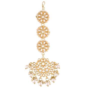 with Stunning Matte Finish Traditional Kundan & Faux Pearl Chandbali Earrings with Maang Tikka Set  4